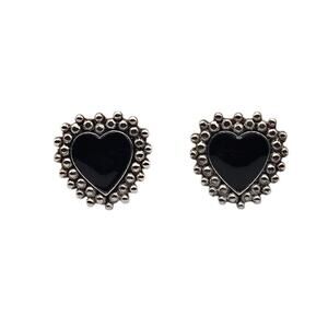 Black Heart Clip On Earrings Silver Beaded Frame Vintage Romantic Noir